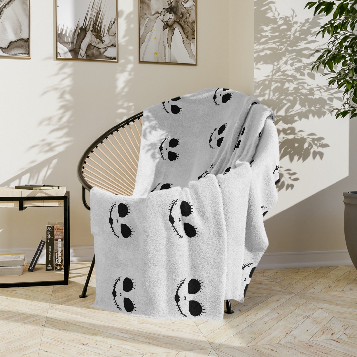 Spooky Chic Cozy Blanket- featuring a cute Jack -O- Lantern Inspired Face with Long Lashes and Stitched Smile