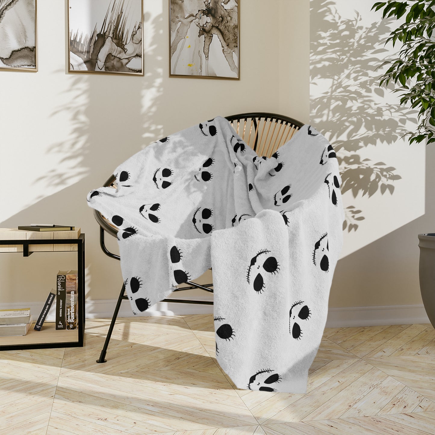 Spooky Chic Cozy Blanket- featuring a cute Jack -O- Lantern Inspired Face with Long Lashes and Stitched Smile